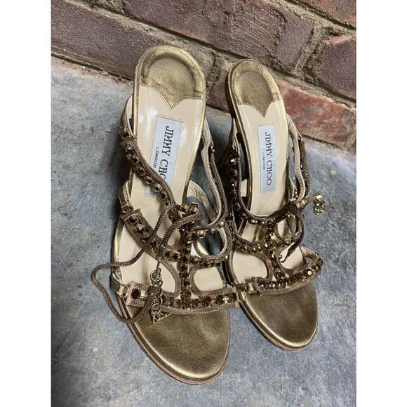Jimmy Choo Gold Metallic Leather And Jewel Embellished Strappy Sandals - Picture 11 of 12